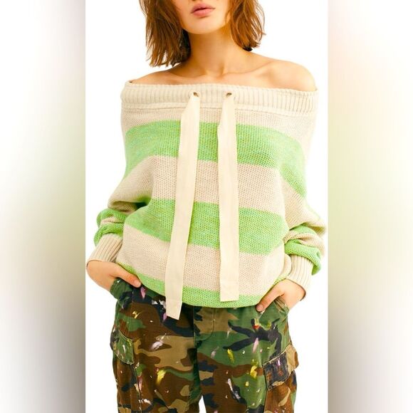 Free People Cassidy Off Shoulder open Knit Sweater kelle green Stripe linen S - Picture 1 of 9
